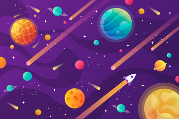Cartoon space background with abstract shape and planets. Falling asteroids. Purple background. Vector illustration. - 427515091
