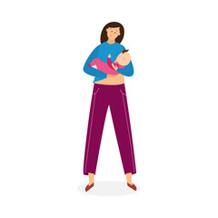 Mother standing and breastfeeding her baby, flat vector illustration isolated.