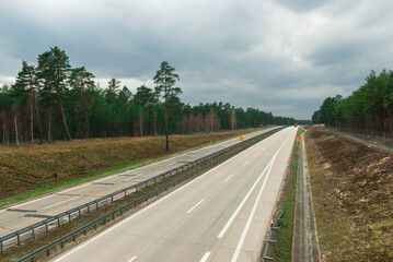 Autostrada przebiegająca przez sosnowy las.