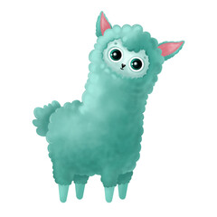Cute green llama isolated on white background. Funny cartoon llama, alpaca
