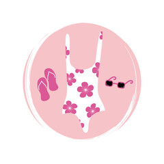 Cute logo or icon vector with women swimsuit bikini, sunglasses and flip flop, illustration on circle with brush texture, for social media story and highlight 
