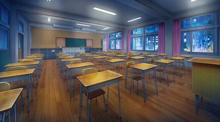 High school classroom in the nighttime and Turn on the light, Anime background, 2D illustration.	
