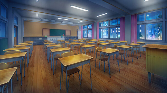 High school classroom in the nighttime and Turn on the light, Anime  background, 2D illustration. Stock Illustration | Adobe Stock