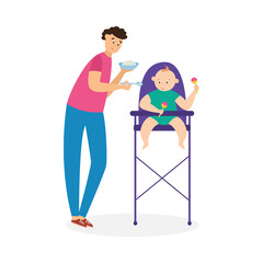 Father care feeding with spoon little child sitting in highchair on kitchen