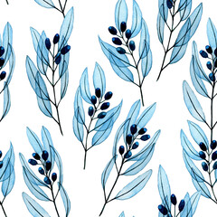 watercolor drawing by hands. seamless pattern with eucalyptus leaves and branches. transparent drawing of blue eucalyptus leaves, eucalyptus fruits on a white background. print for fabric, wallpaper