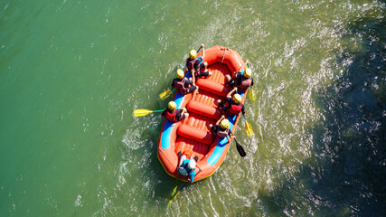 Group of people on a rafting trip in an rubber dinghy. Grand Canyon du Verdon, France