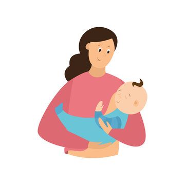 Mother feeding child with breast milk, flat vector illustration isolated.