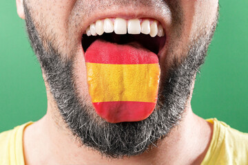 Native speaker. The protruding tongue of a bearded man is close-up, in the colors of the Spanish flag. The concept of learning foreign languages
