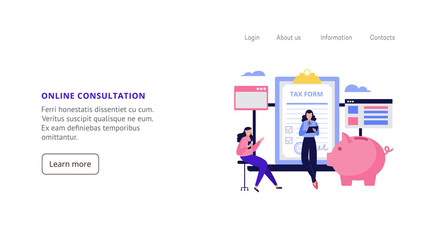 Fototapeta na wymiar Online tax consultation website with tiny people, flat vector illustration.