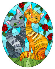 Stained glass illustration with a pair of bright cartoon cats against a blue sky and rose flowers, oval image