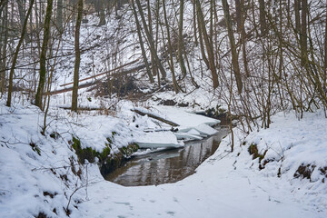 Small river in the forest almost covered with ice and snow. 