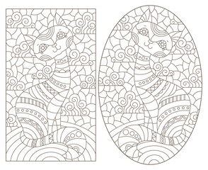 Set of contour illustrations in stained glass style with cute cartoon cats, dark outlines on a white background