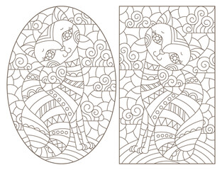 Fototapeta na wymiar Set of contour illustrations in stained glass style with cute cartoon cats, dark outlines on a white background