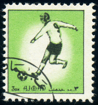 Football (soccer) player, Ajman stamp circa 1972