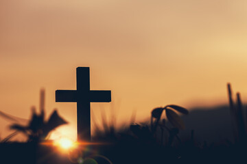 Silhouette of the Cross at sunset, symbol of christian, christian concept.