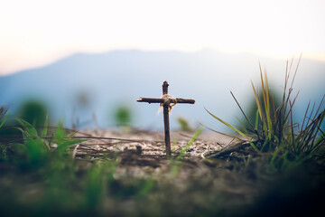Wooden cross, Jesus cross, Easter, resurrection concept. Christianity, Religion concept.