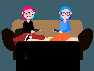 Two young women play on a console on television, one has an aggressive expression and the other concerned, they both have a fashion look and use wireless controls and are sitting on a brown sofa