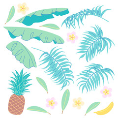 Fototapeta na wymiar Banana leaves, palm fronds, pineapple and plumeria flower
