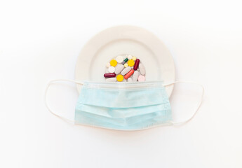 Medical protective mask and multicolored pills in white plate on isolated background. Medicine for the patient or diet pills. Creative copy space