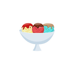 Ice cream balls of various flavors in bowl, flat vector illustration isolated.