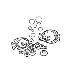 Coral and fishes coloring book linear drawing isolated on white background