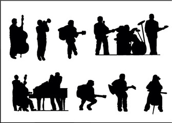 Silhouettes of different musicians playing  the guitar, trumped and piano.