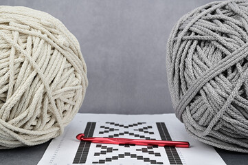 Two skeins of thick crochet cord around the edges of the image. Printed knitting pattern and red crochet hook