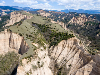 Aerial Spring view of Melnik sand pyramids, Bulgaria