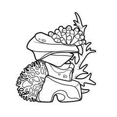 Anemones and coral grow on stone coloring book linear drawing isolated on white background
