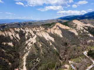 Aerial Spring view of Melnik sand pyramids, Bulgaria