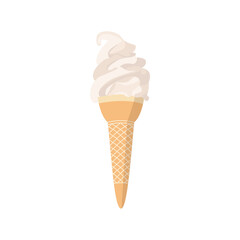 Vanilla flavor tasty ice cream in waffle cone flat vector illustration isolated.