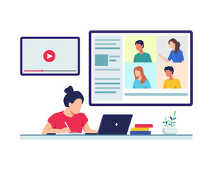 Online class vector concept. Young female student sitting with laptop take online class from home. Video call, Web conference with colleagues and friends, Online group meeting. Vector in a flat style