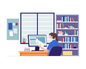 Student character study at computer. Young woman sitting at desk, Looking at computer and studying with book. Woman with school homework, Reading a test, Online education concept. Vector in flat style