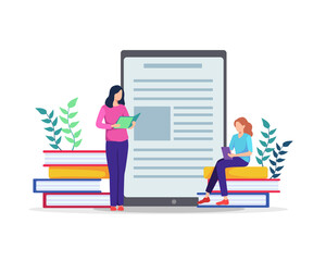 Student learning online. People sitting on large books, Working on test, Writing, Reading books. E-learning concept, Watching online courses on tablet, Training, Studying at home. Vector in flat style