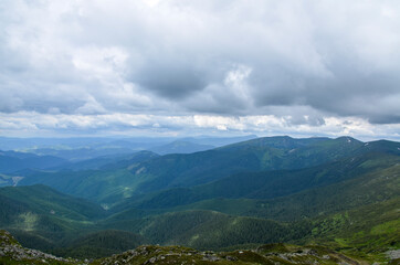 Beautiful view of mountains landscape with cloudy sky. Chornohora mountain ridge and beautiful...