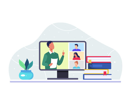 Online class meeting concept. Male teacher teaching his college students via video call app on computer. Virtual class teleconference, Remote education, Learning from home. Vector in a flat style