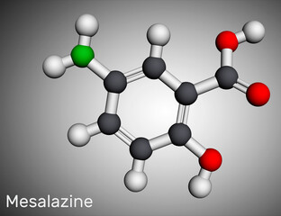 Obraz premium Mesalazine, mesalamine, 5-aminosalicylic acid molecule. It is non-steroidal anti-inflammatory drug, used for treatment of ulcerative colitis,Crohn's disease. Molecular model. 3D rendering