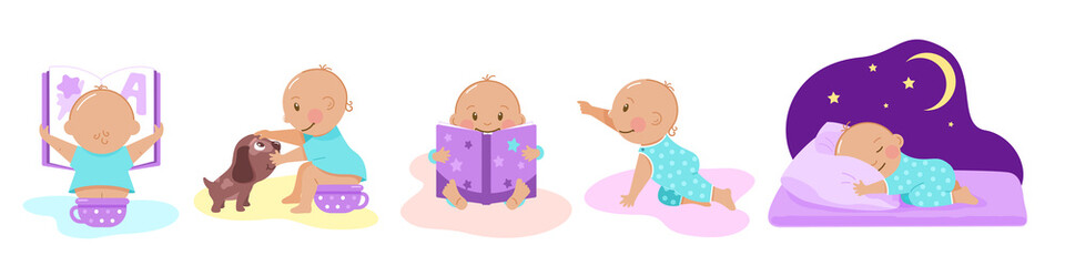 Cute baby: reading a book, playing, sleeping. A set of situations in the style of a cartoon. The vector is isolated, on a white background.