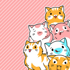 Background with cute kawaii cats. Fun animal illustration.