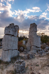Fototapeta na wymiar Pobiti Kamani - natural rock formations in Varna Province, Bulgaria . Standing Stones. Vertical view