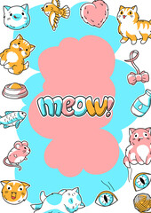 Background with cute kawaii cats. Fun animal illustration.