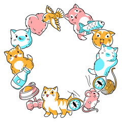 Obraz premium Background with cute kawaii cats. Fun animal illustration.