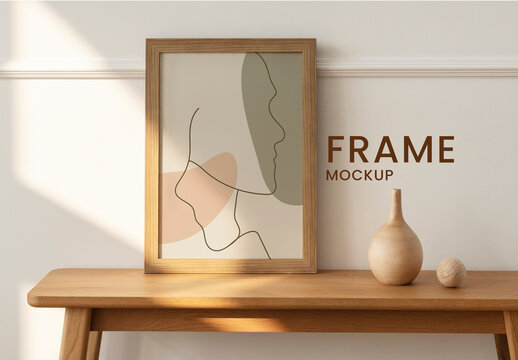 Wooden Picture Frame Mockup on Sideboard Table
