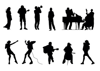 Silhouettes of various musicians. They are playing the piano, trumpet and other instruments.