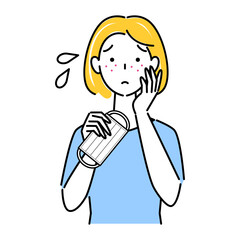 マスクの着用が原因で肌荒れになってしまった女性 イラスト シンプル ベクター