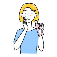 肌荒れになってしまった女性がスキンケアをしてる イラスト シンプルベクター 