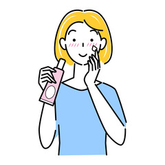 肌荒れになってしまった女性がスキンケアをしてる イラスト シンプルベクター