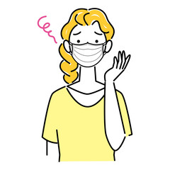 マスクの着用が原因で肌荒れになってしまった女性 イラスト シンプル ベクター 