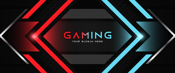 Futuristic red and blue abstract gaming banner design template with metal technology concept. Vector illustration for business corporate promotion, game header social media, live streaming background