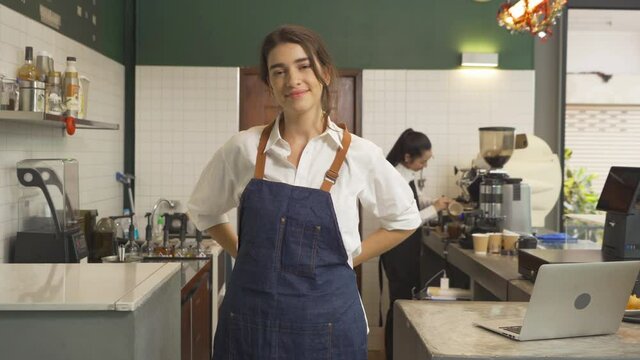 Portrait of smiling happy young Middle East woman waitress wearing apron standing with crossed arms, cafe cashier waitress at the coffee shop. People lifestyle. Business service.